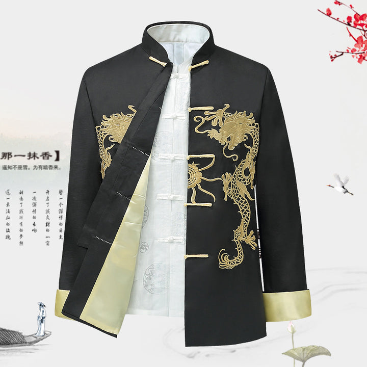 Nueva chaqueta Tang de otoño para hombres | Chaqueta de estilo chino con patrón de dragón bordado | Túnica Hanfu tradicional de manga larga para hombres de mediana edad