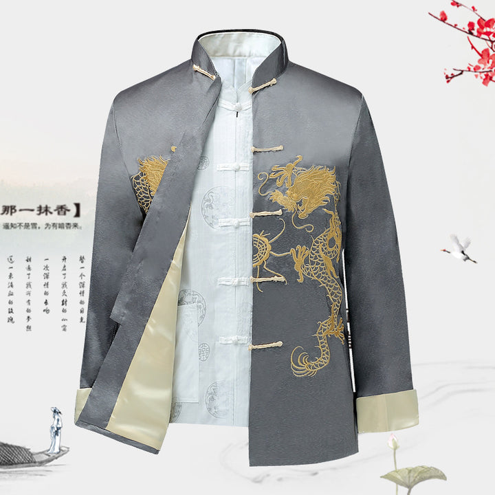 Nueva chaqueta Tang de otoño para hombres | Chaqueta de estilo chino con patrón de dragón bordado | Túnica Hanfu tradicional de manga larga para hombres de mediana edad