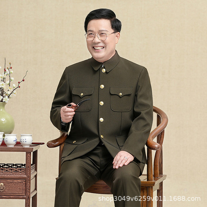Traje Zhongshan de lana verde militar para hombre | Traje holgado de abuelo | Ropa formal de invierno de estilo chino