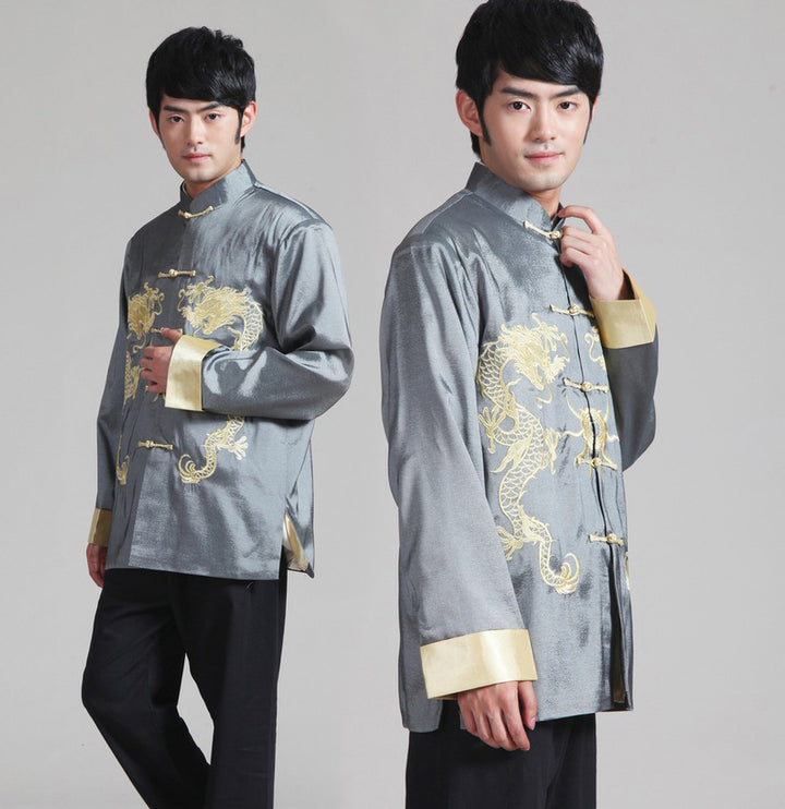 Embroidered Golden Double Dragon Cuffed Tang Suit | Men's Long Sleeve Jacket | Spring, Autumn, and Winter Casual Stand Collar Coat