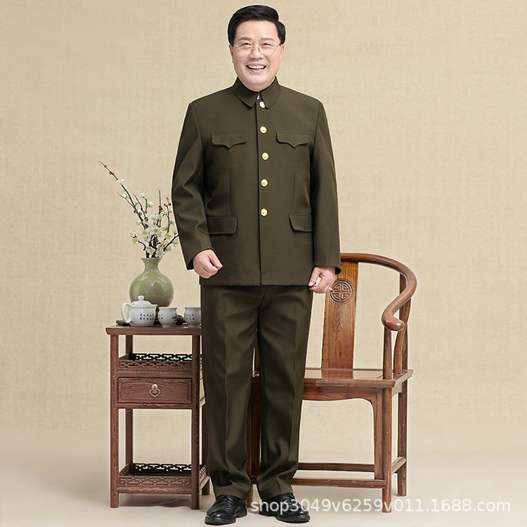 Traje Zhongshan de lana verde militar para hombre | Traje holgado de abuelo | Ropa formal de invierno de estilo chino
