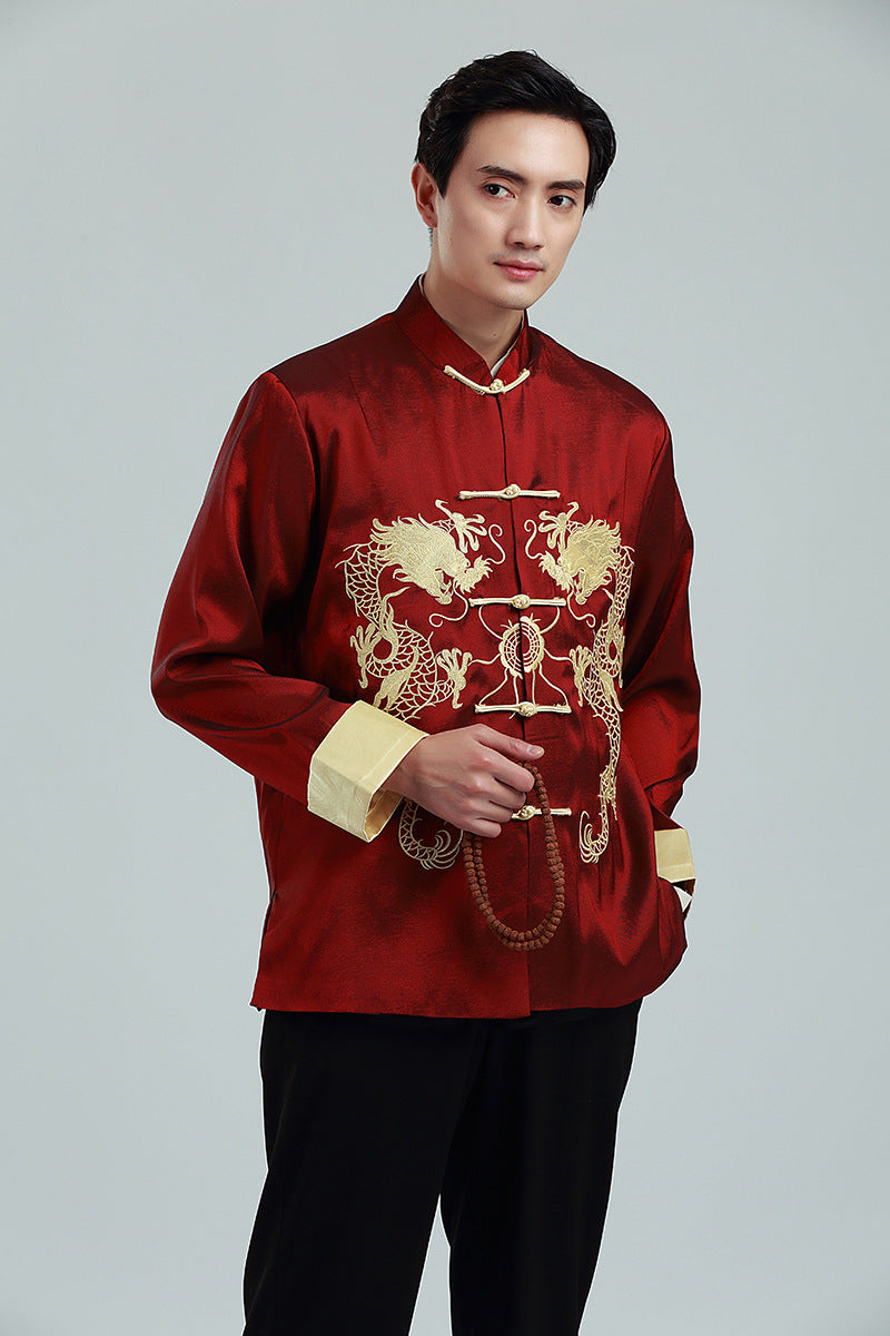 Embroidered Golden Double Dragon Cuffed Tang Suit | Men's Long Sleeve Jacket | Spring, Autumn, and Winter Casual Stand Collar Coat