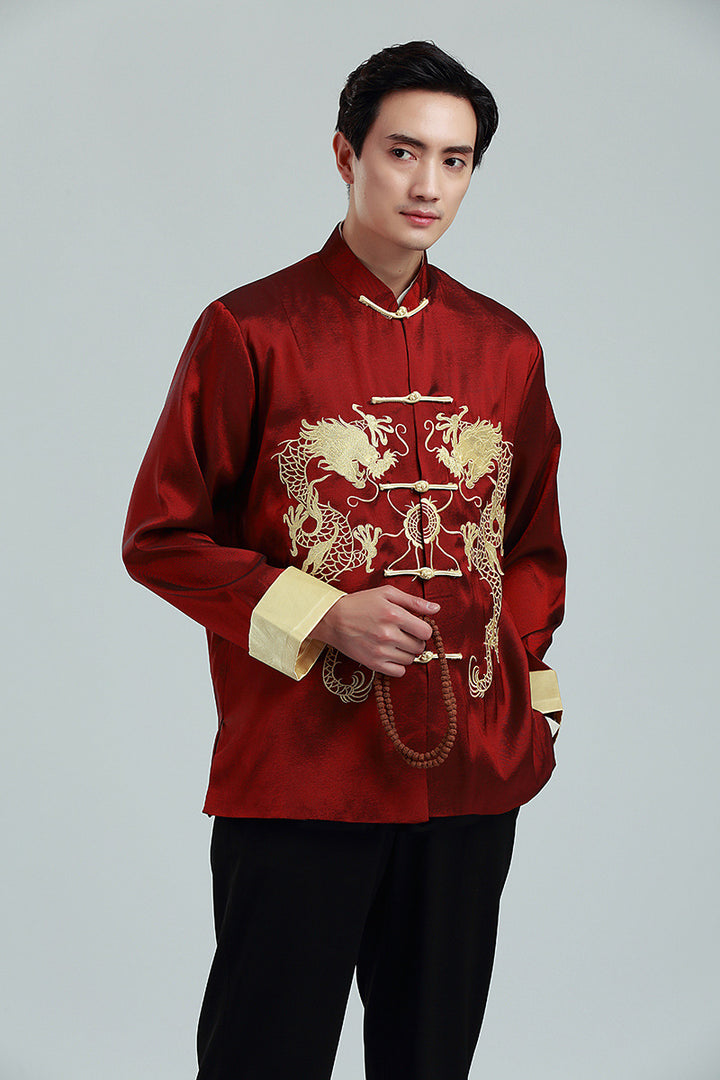 Embroidered Golden Double Dragon Cuffed Tang Suit | Men's Long Sleeve Jacket | Spring, Autumn, and Winter Casual Stand Collar Coat