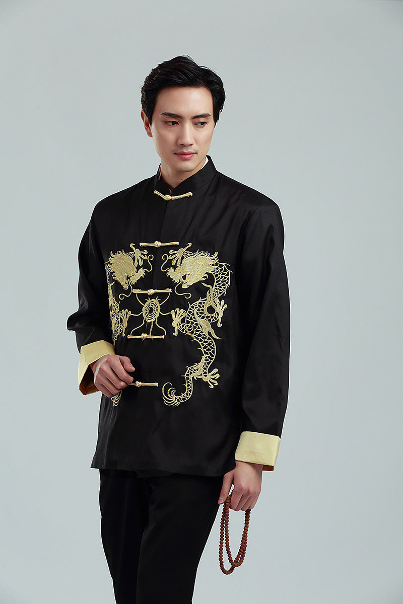 Embroidered Golden Double Dragon Cuffed Tang Suit | Men's Long Sleeve Jacket | Spring, Autumn, and Winter Casual Stand Collar Coat