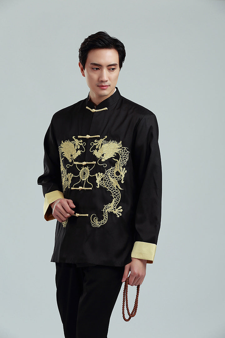 Embroidered Golden Double Dragon Cuffed Tang Suit | Men's Long Sleeve Jacket | Spring, Autumn, and Winter Casual Stand Collar Coat