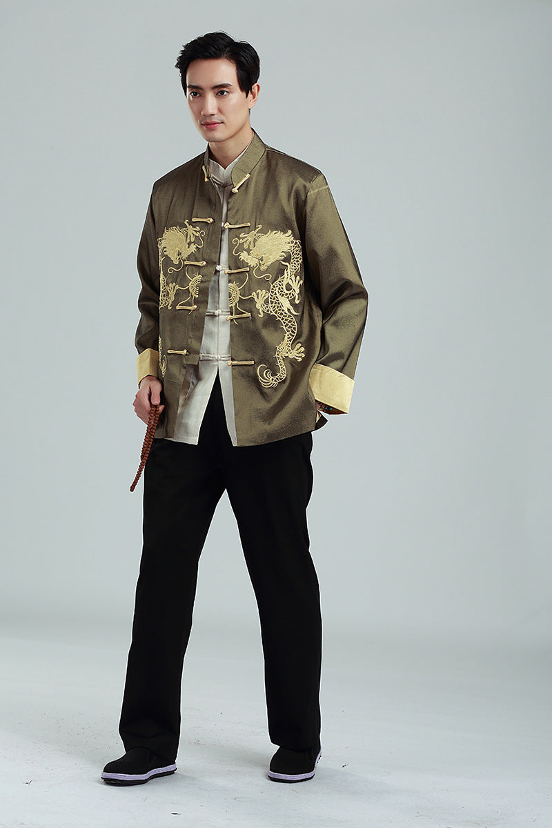 Embroidered Golden Double Dragon Cuffed Tang Suit | Men's Long Sleeve Jacket | Spring, Autumn, and Winter Casual Stand Collar Coat