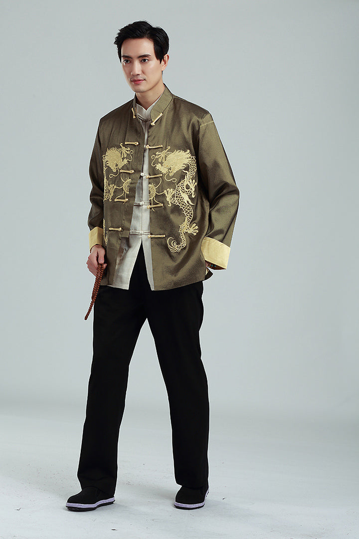 Embroidered Golden Double Dragon Cuffed Tang Suit | Men's Long Sleeve Jacket | Spring, Autumn, and Winter Casual Stand Collar Coat