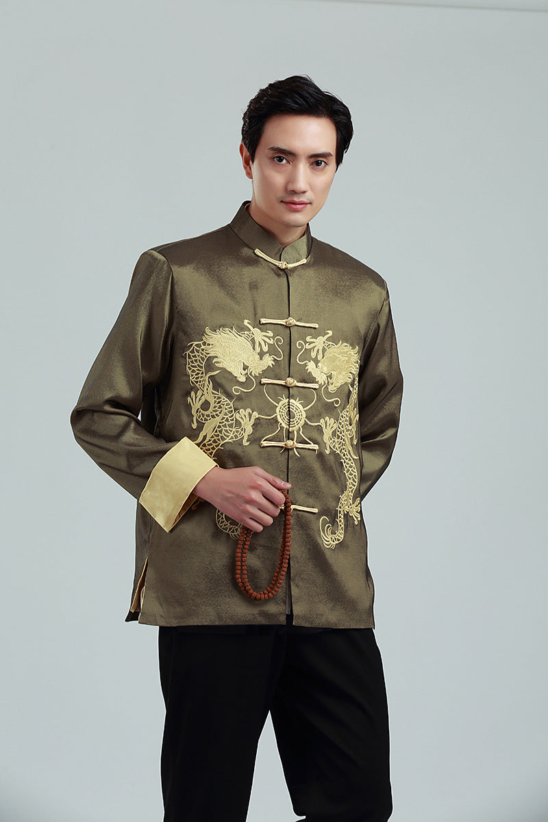 Embroidered Golden Double Dragon Cuffed Tang Suit | Men's Long Sleeve Jacket | Spring, Autumn, and Winter Casual Stand Collar Coat