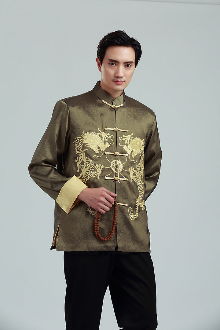 Embroidered Golden Double Dragon Cuffed Tang Suit | Men's Long Sleeve Jacket | Spring, Autumn, and Winter Casual Stand Collar Coat