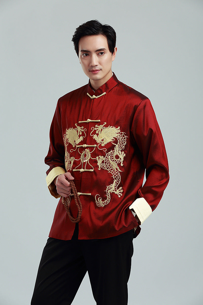Embroidered Golden Double Dragon Cuffed Tang Suit | Men's Long Sleeve Jacket | Spring, Autumn, and Winter Casual Stand Collar Coat