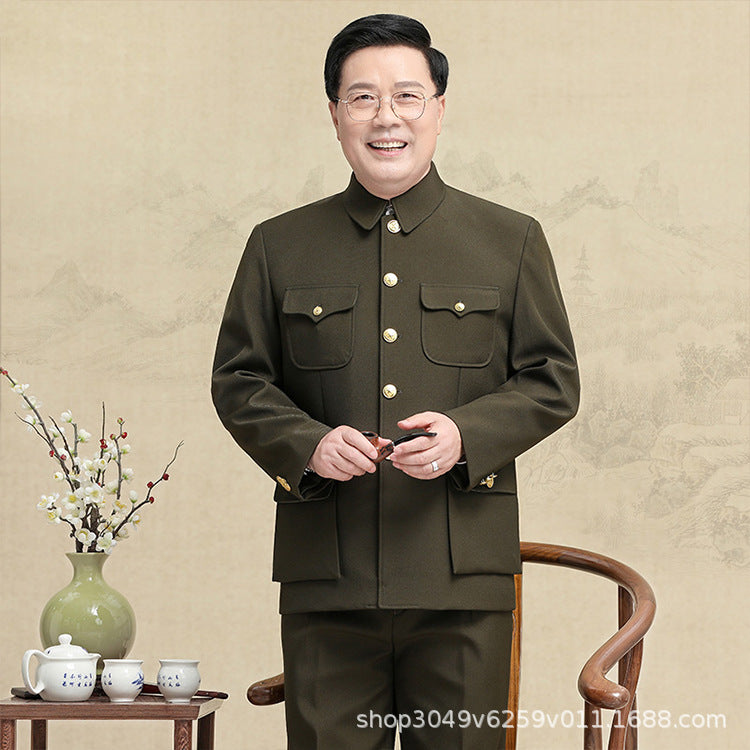 Traje Zhongshan de lana verde militar para hombre | Traje holgado de abuelo | Ropa formal de invierno de estilo chino
