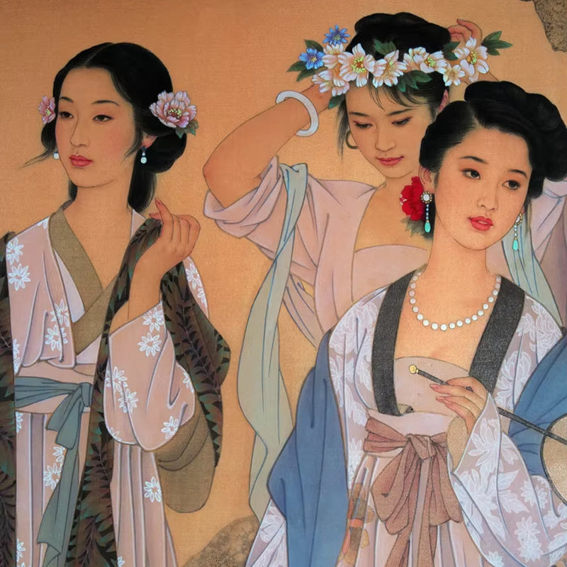 Traditional Chinese Painting Scenery Landscape Portrait Picture Painting Vintage Poster Ancient Beauties 3 Ladies Flowers Caped