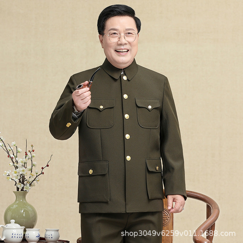 Traje Zhongshan de lana verde militar para hombre | Traje holgado de abuelo | Ropa formal de invierno de estilo chino
