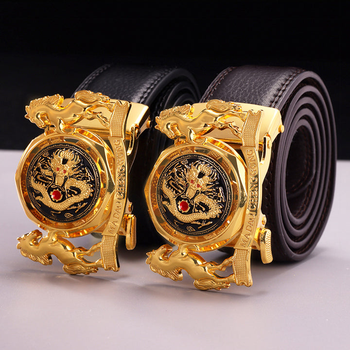 Fortune-Enhancing Leather Belt for Men – Genuine Leather Automatic Buckle Belt with Zodiac Dragon & Horse Rotating Design