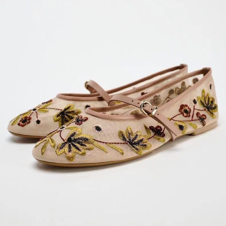 Zapatos de mujer nuevos de otoño ZA 2024: bailarinas de malla con bordado floral de moda
