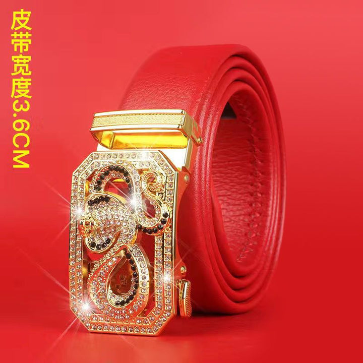Cinturón del Zodiaco para Hombre: Piel Genuina, Hebilla Automática, Cinturón Rojo para el Año del Zodiaco, Ropa de Negocios e Informal, Regalo de Boda Perfecto