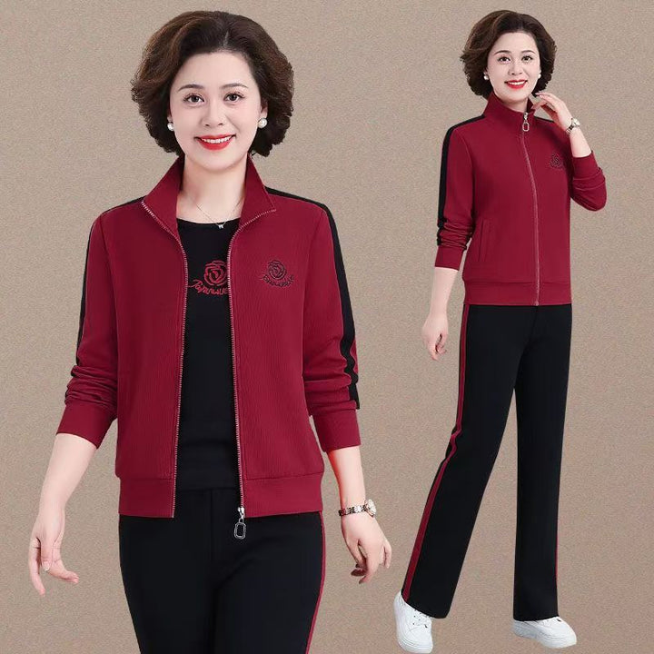 Spring & Autumn Sportswear Set for Moms – New Loose-Fitting Stylish Women's Stand Collar Sweatshirt, Casual Running Three-Piece Set