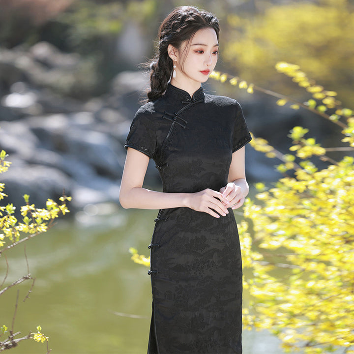 Cheongsam negro de verano mejorado, nuevo, de temperamento delgado, estilo medio y largo, se puede usar en banquetes, vestido estilo Chanel.