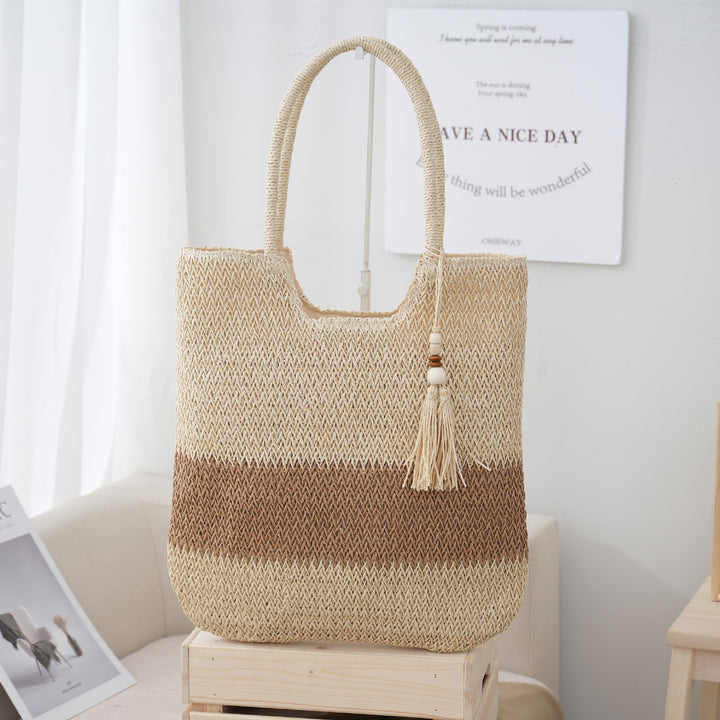 Nuevo bolso tote tejido de estilo chino para mujer: diseño con borlas, ligero y transpirable.