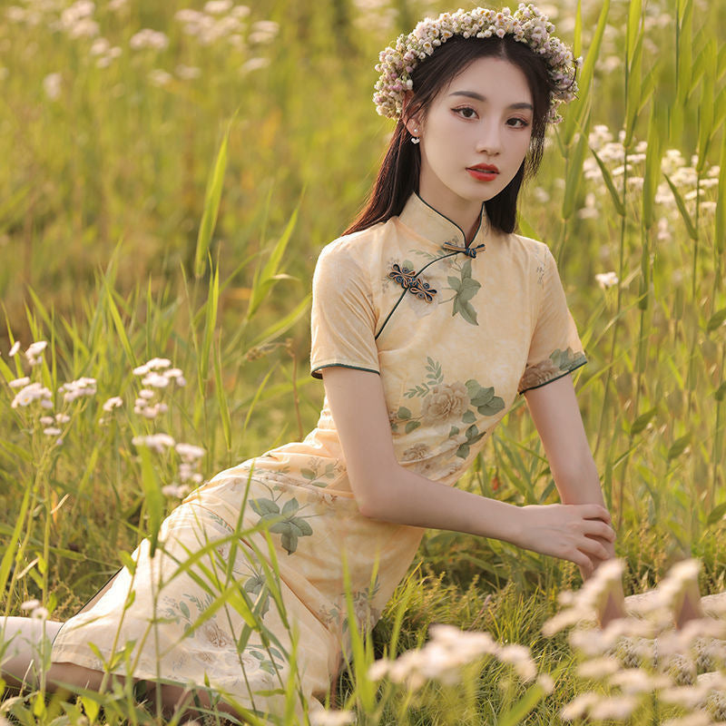 2025 New Summer Improved Cheongsam Women's Retro Chinese Style Medium-length Printed Short-sleeved Ladies Dress