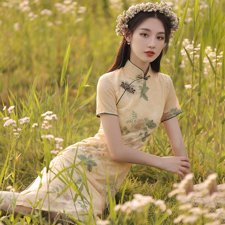 2025 New Summer Improved Cheongsam Women's Retro Chinese Style Medium-length Printed Short-sleeved Ladies Dress