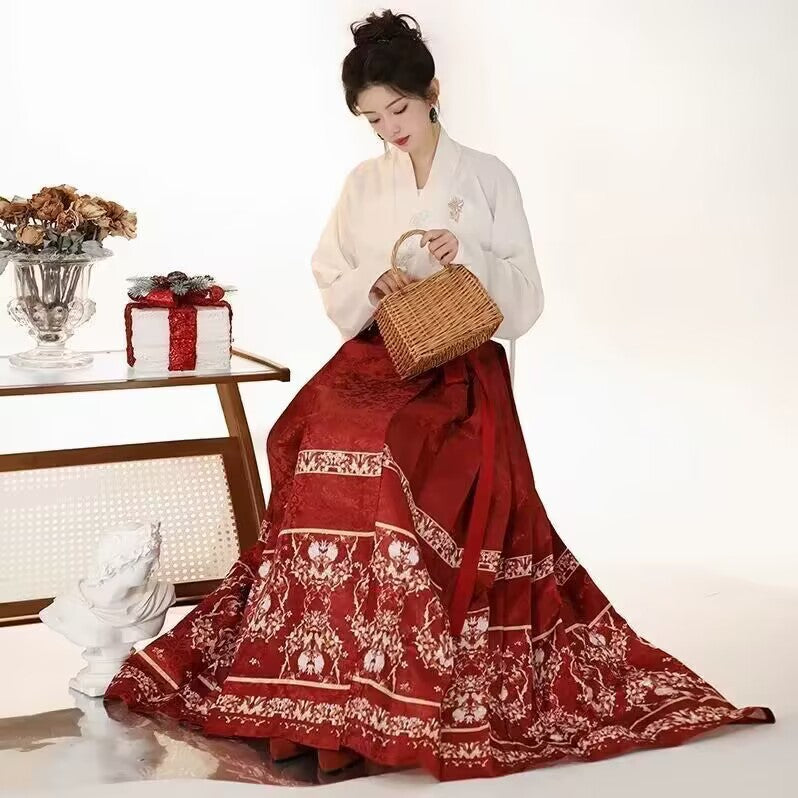 现代汉服风格 | 改良日常穿搭马褂裙搭配交领上衣 | 中式花卉设计