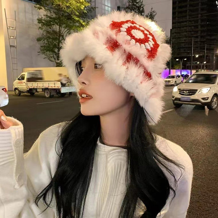 国潮兔毛醒狮帽-冬季保暖、瘦脸、女士毛绒针织渔夫帽、可爱虎头渔夫帽