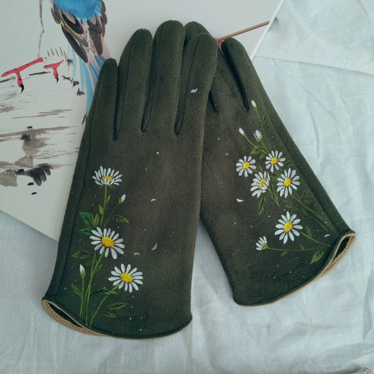 Qingcheng Original Hand-Painted Deerskin Velvet Lined Fingerless Warm Gloves, Autumn and Winter Artistic Collegiate Style, Chinese Style, Full-Finger Gloves