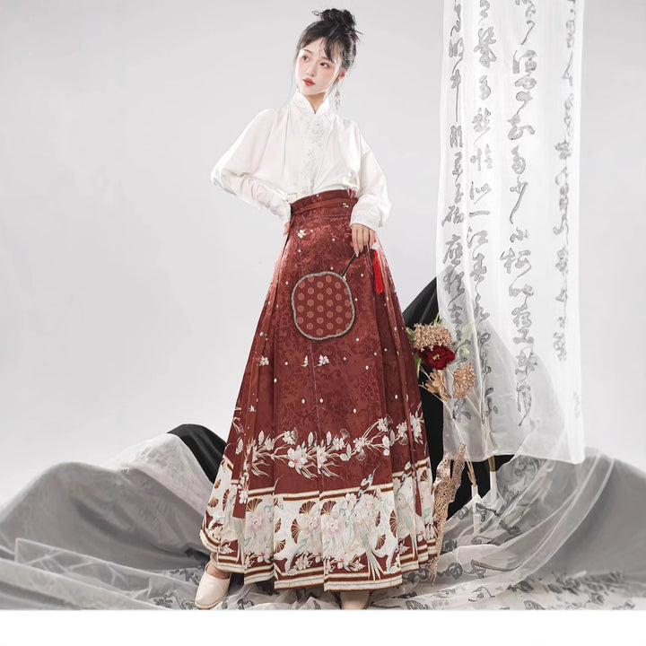Traje de falda con cara de caballo estilo chino con mangas de avión y cuello cruzado bordado de la dinastía Ming para mujer de Hanfu original, ajustado para uso diario