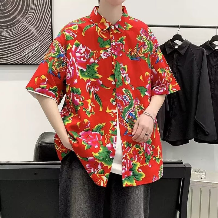 Camisa de manga corta para hombre, tendencia nacional, camisa de flores grandes del noreste, estilo chino, ropa de verano de celebridades de Internet, hermosa camisa de media manga de cinco puntos de pulgadas