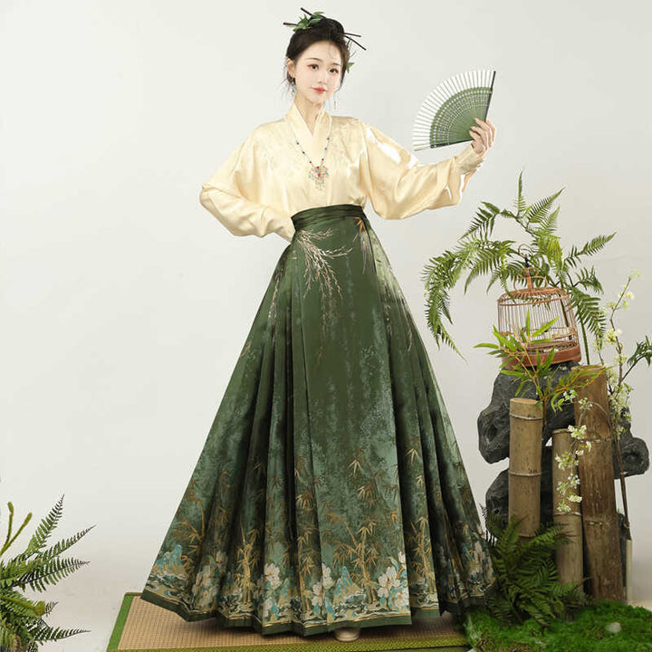 Luo Zhu - Hanfu "Sombra de Bambú" de la dinastía Ming | Conjunto de falda Ma Mian de brocado y mangas de avión para mujer | Hanfu modernizado para uso diario en otoño