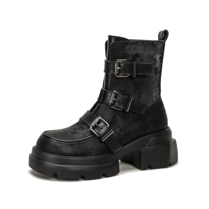 Ge Mei Ni National Trend Martin Boots Women 2024 Genuine Leather Heightening Thick-soled Boots Fashionable All-match Short Boots Women 2208-1
