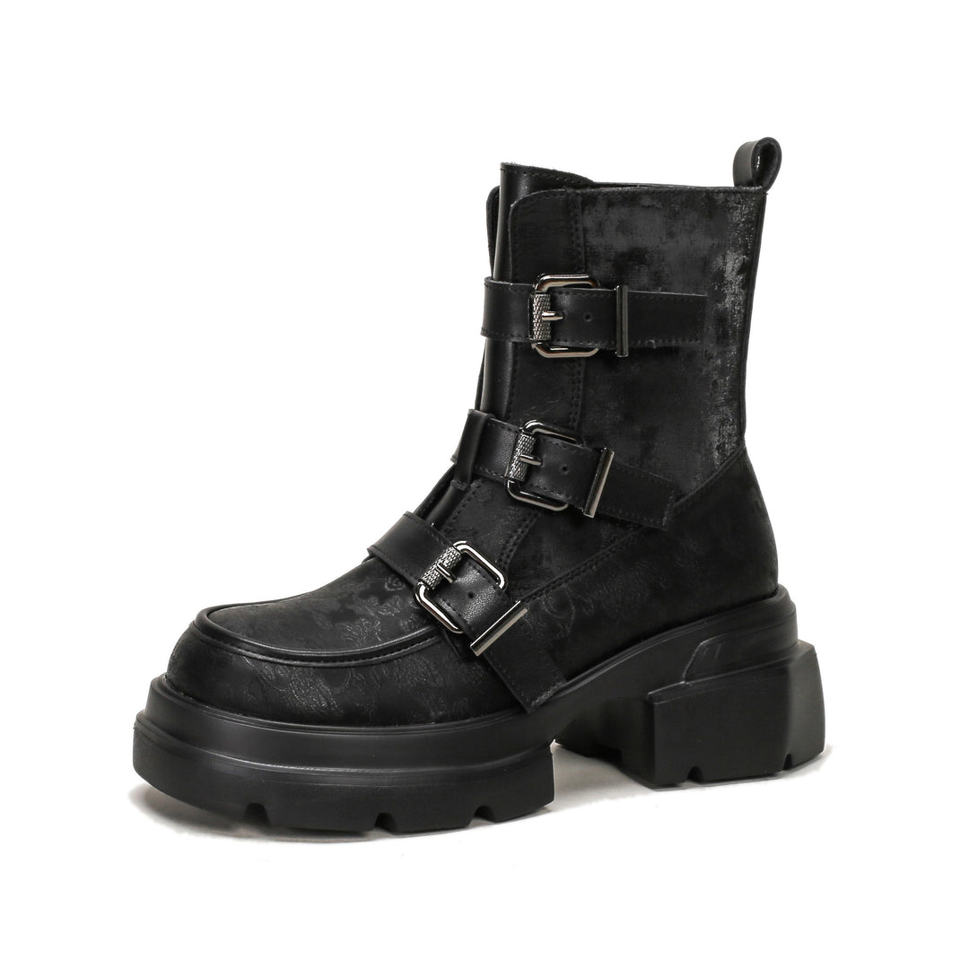 Ge Mei Ni National Trend Martin Boots Women 2024 Genuine Leather Heightening Thick-soled Boots Fashionable All-match Short Boots Women 2208-1