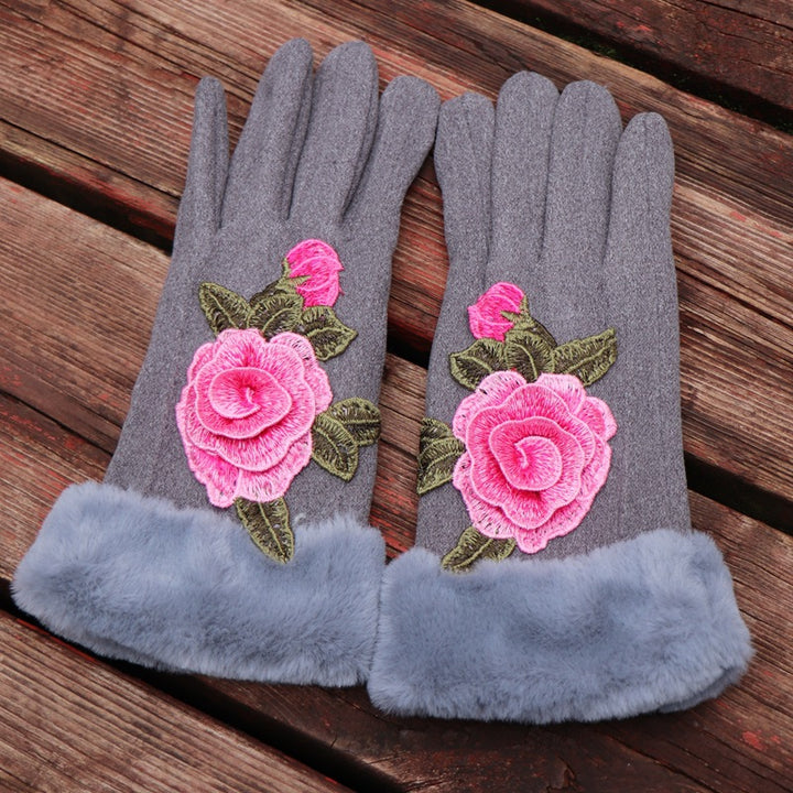 Guantes de dedos completos para mujer: diseño floral bordado étnico de Yunnan con ribete de piel sintética
