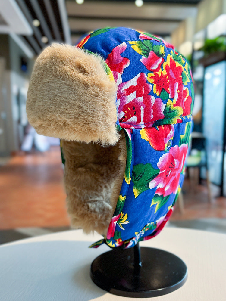 Ethnic Style Red Floral Northeast Lei Feng Hat – Unisex Winter Plush Ear Protection Cotton Hat, Outdoor Cycling Cold-Proof Hat