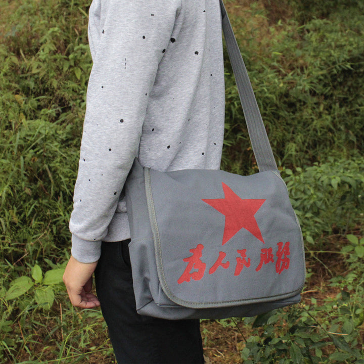 Vintage Mao Zedong "Serve the People" Red Army Bag, Lei Feng Canvas Five-Pointed Star Crossbody Bag, Red Star Shoulder Bag, Green Retro Style