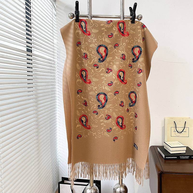 Bufanda cálida de cachemira sintética para mujer, estilo étnico, bordada con flores de cintura y enredadera, para otoño/invierno. Chal de viaje.