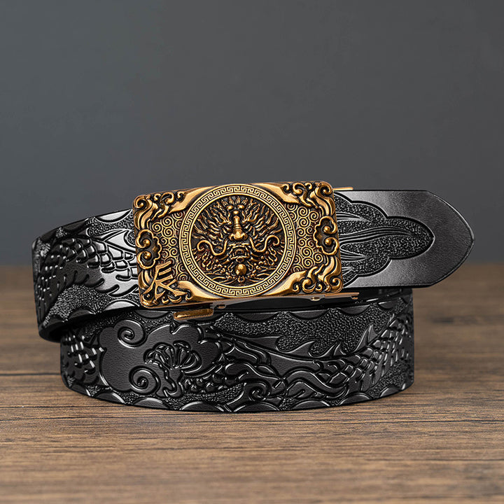 Nueva oferta: Cinturón con hebilla automática del zodiaco y grabado de dragón, de piel de vacuno de doble capa, moderno, informal y con un diseño atrevido.