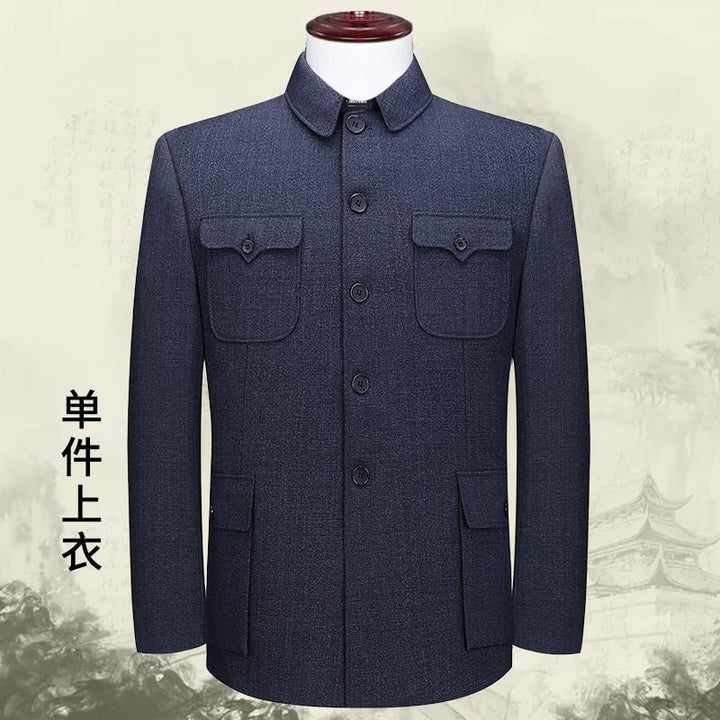 Traje Zhongshan para hombres de mediana edad y mayores, abrigo de una sola pieza, ropa de papá, traje antiguo de abuelo, primavera y otoño para hombres