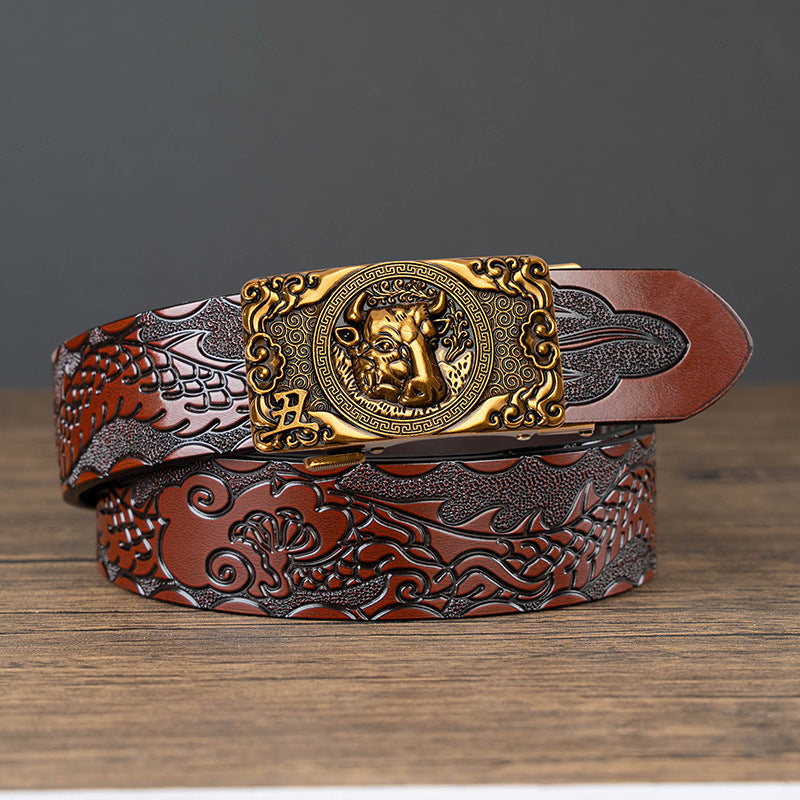Nueva oferta: Cinturón con hebilla automática del zodiaco y grabado de dragón, de piel de vacuno de doble capa, moderno, informal y con un diseño atrevido.