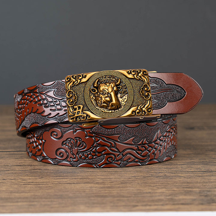Nueva oferta: Cinturón con hebilla automática del zodiaco y grabado de dragón, de piel de vacuno de doble capa, moderno, informal y con un diseño atrevido.