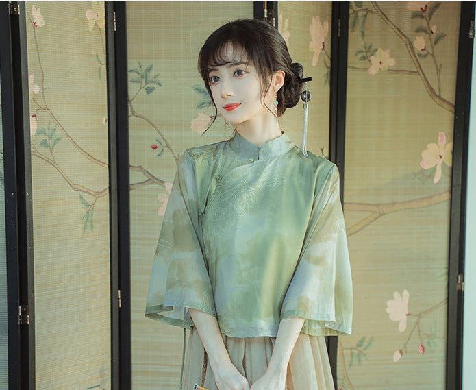 Original new Qingluo new Chinese Zen tea dress fairy girl cheongsam two-piece skirt improved Hanfu summer