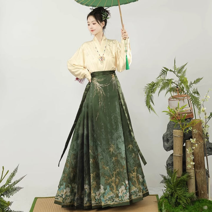 Conjunto original de falda con cara de caballo al estilo chino | Hanfu bordado "Sombras de Bambú" con cuello cruzado y mangas de avión