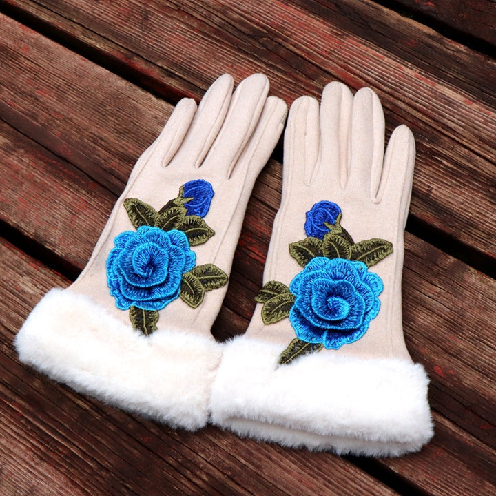 Guantes de dedos completos para mujer: diseño floral bordado étnico de Yunnan con ribete de piel sintética