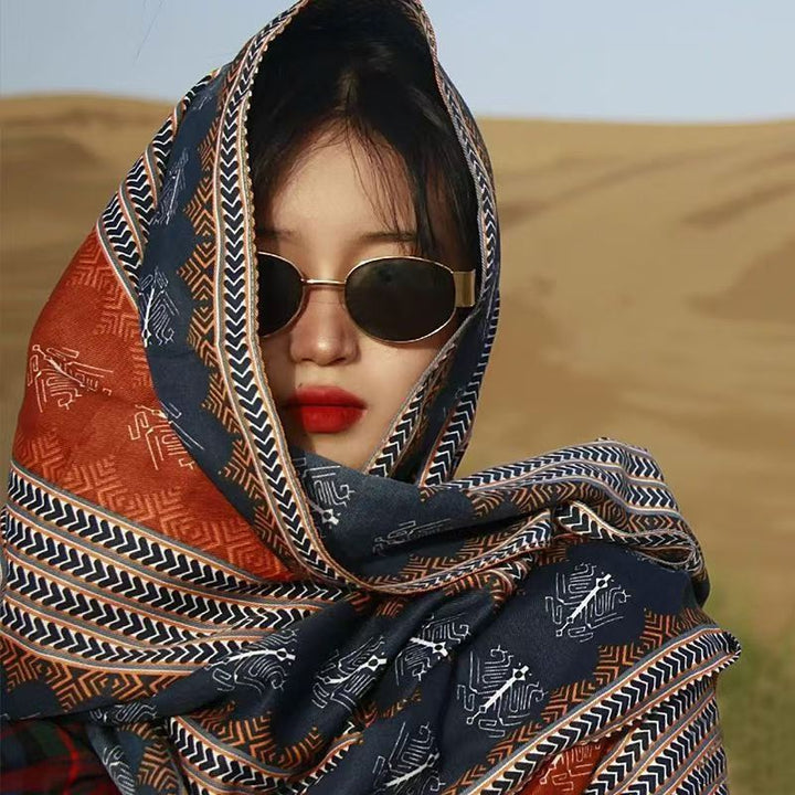 Chal para fotografía de viajes del desierto del lago salado del Tíbet, estilo étnico, con protección solar, de sarga de algodón con borlas, pañuelo de seda extragrande.