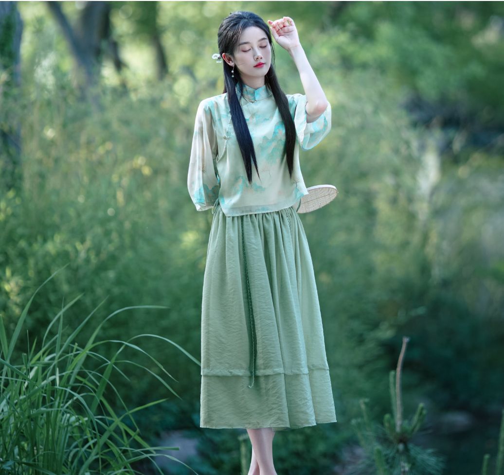 Original new Qingluo new Chinese Zen tea dress fairy girl cheongsam two-piece skirt improved Hanfu summer