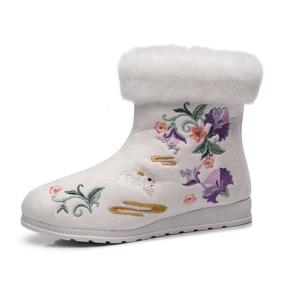 Maokou Furong Conejo Otoño e Invierno Hanfu Traje Antiguo Botas Cortas Bordadas para Mujer Botas de Mujer Estilo Antiguo Danza Botas de Algodón a Juego con Suela Plana
