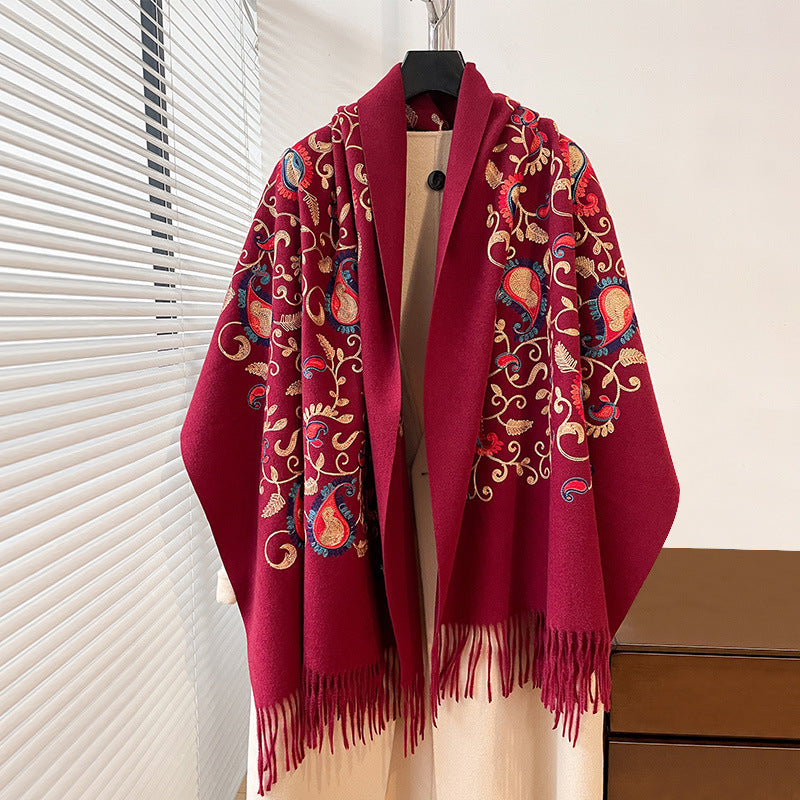 Bufanda cálida de cachemira sintética para mujer, estilo étnico, bordada con flores de cintura y enredadera, para otoño/invierno. Chal de viaje.