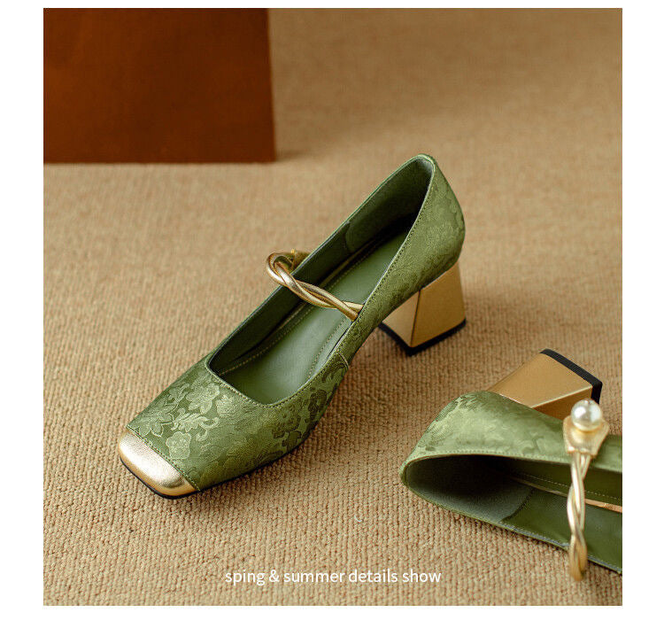 Chinese Style Suzhou Embroidered Chunky Heels – Square-Toe High Heels for 2024