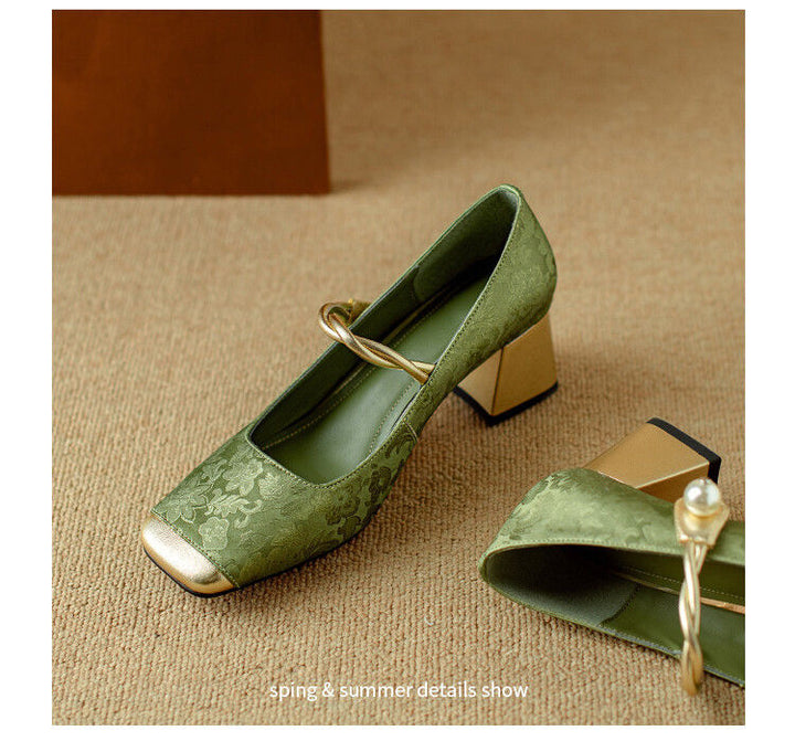 Chinese Style Suzhou Embroidered Chunky Heels – Square-Toe High Heels for 2024